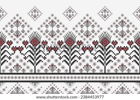 Geometric floral border embroidery pattern. Vector ethnic geometric floral pixel art seamless pattern on white background. Ethnic floral stitch pattern use for textile, border, home decoration element Royalty-Free Stock Photo #2384453977