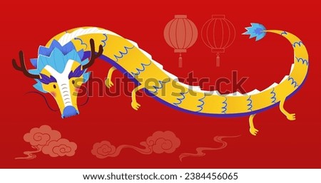 Cute yellow dragon, oriental cloud and lantern CNY elements isolated on red background.