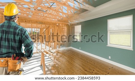 Contractor Facing Before and After Interior of House Wood Construction Framing and Finished Build. Royalty-Free Stock Photo #2384458593