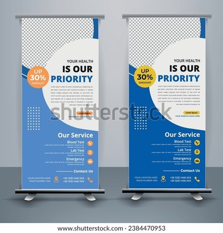 Modern healthcare and medical roll up design for hospital doctor clinic dental. standing banner template decoration for exhibition, printing, presentation, elegant layout. Royalty-Free Stock Photo #2384470953