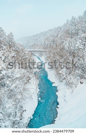 Shirahige Waterfall with Snow in winter, Biei river flow into Blue Pond. landmark and popular for attractions in Hokkaido, Japan. Travel and Vacation concept Royalty-Free Stock Photo #2384479709