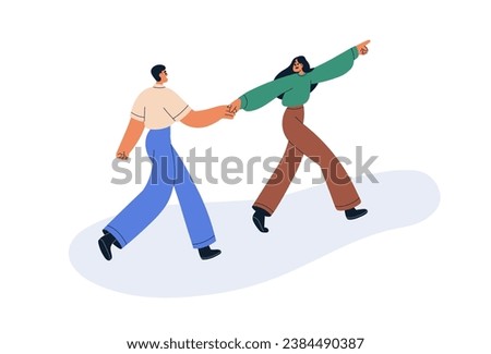 Happy woman leading, man following after girl. Female taking, holding hand, pulling by arm, showing something. Love couple going together. Flat graphic vector illustration isolated on white background Royalty-Free Stock Photo #2384490387