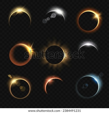Solar eclipse. Realistic template of planets in dark universe decent vector effects of solar eclipse overlay Royalty-Free Stock Photo #2384491231