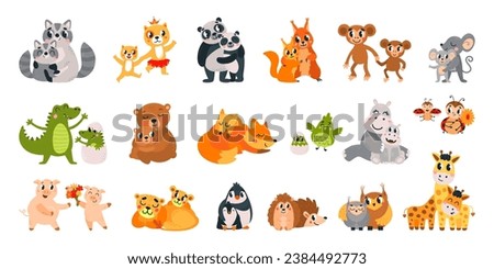 Cute mother animals. Baby hug mom, wild animals family characters. Funny cubs, isolated cartoon bear and fox, leopard and panda, classy vector clipart
