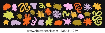 Abstract Retro Shapes and Funky Groovy Forms. Vector Geometric Stickers with Different Elements: Cloud, Flower, Star, Bubble, Spiral, Spring Coil, Wave in Cartoon 90s Style in Black Background Royalty-Free Stock Photo #2384511269