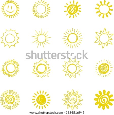 Sun icon set. Yellow sun star icons or logo collection. Summer, sunlight, sunset, sunburst. Vector illustration.