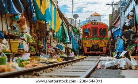 Maeklong Railway Market Thailand, Train on Tracks Moving Slow. Umbrella Fresh Market on the Railroad Track, Mae Klong Train Station, Bangkok, a famous railway market in Thailand Royalty-Free Stock Photo #2384544091