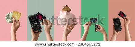 Hands with credit cards, payment terminals, piggy bank and money on color background