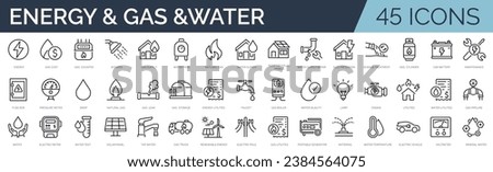 Set of outline icons related to energy,  gas,  water. Linear icon collection. Editable stroke. Vector illustration
