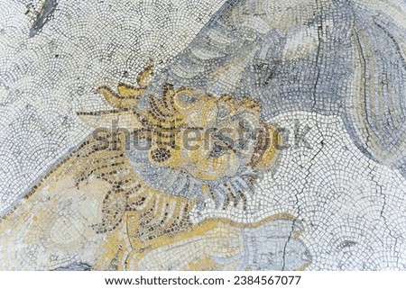 Fight of lion and elephant. Ancient byzantine multicolored mosaic