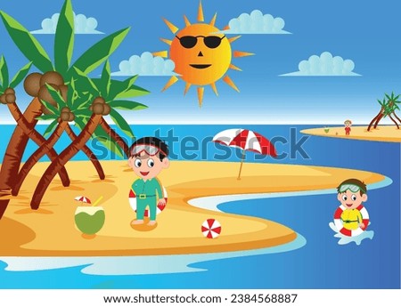vector design eps 10. illustration of children playing on the beach in summer. Can be used for banners and so on.