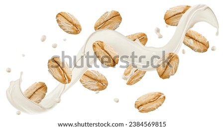 Falling oat flakes with milk splash isolated on white background Royalty-Free Stock Photo #2384569815