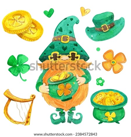 Leprechaun Gnome - Celtic set of clip art, watercolor illustrations isolated: gnome Leprechaun, a golden harp, shamrocks, cloverleaf, green hearts, pot with gold, Leprechaun's hat. St. Patrick's Day.