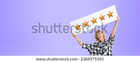 Smiling young woman holding up a signboard with five gold stars, empty copy space purple background. Concept excellent service, evaluation and customer feedback