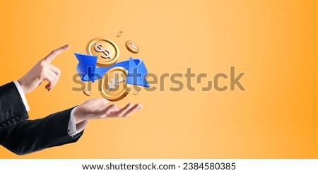 Businessman hand and finger touch gold dollar and yen or yuan coins, blue arrow on copy space empty background. Concept of forex trading, money exchange and transaction