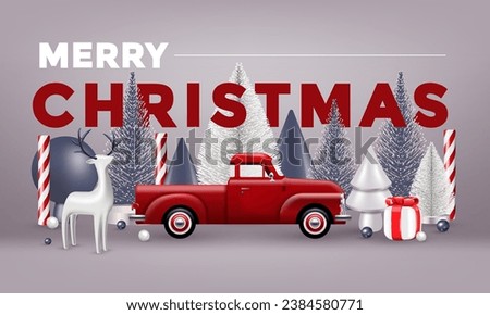 Christmas banner. Xmas Horizontal composition made of red, white and grey wooden and glass Christmas trees, red toy truck and traditional Deer toy. Christmas poster, greeting cards, header or profile 