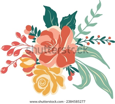 Retro set of floral branch. Flower pink yellow peonies and rose, green leaves. Floral poster, invite. Vector arrangements for greeting card or invitation design