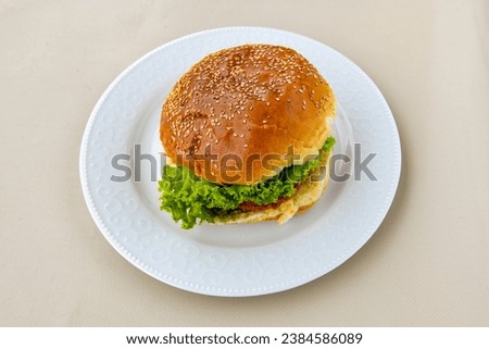 Big tasty burger with beef cutlet on a plate. Crispy chicken burger.