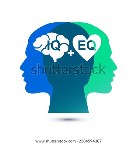Intellectual and emotional intelligence or right and left brain hemispheres concept. IQ and EQ with head profile vector illustration Royalty-Free Stock Photo #2384594387