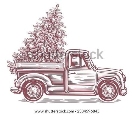 Retro truck and Christmas tree in the back of a car. Hand drawn sketch vector illustration