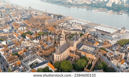 Antwerp, Belgium. Cathedral of St. Paul. The City Antwerp is located on the river Scheldt (Escaut). Summer morning, Aerial View  