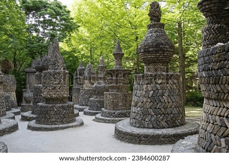 Close up of stone towers and trees at Sangso-dong Forest Bathing Area near Dong-gu, Daejeon, South Korea
 Royalty-Free Stock Photo #2384600287