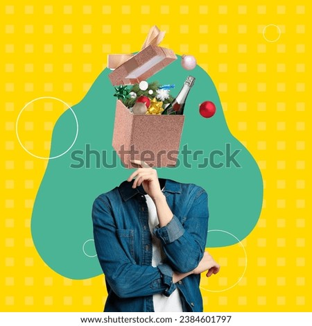Creative New Year collage. Woman with gift box of Christmas ornaments, bottle of sparkling wine and other festive stuff on color background. Greeting or invitation card design
