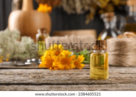 Bottle of essential oil on wooden table, space for text. Medicinal herbs