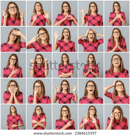Set of beautiful girl in red dress with different facial expressions isolated Royalty-Free Stock Photo #2384615597