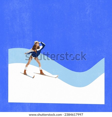 Poster. Contemporary art collage. Modern creative artwork. Woman in retro swimsuit and coat going down the snowy hills on ski. Concept of winter happy holidays, joy and fun, outdoor activities.