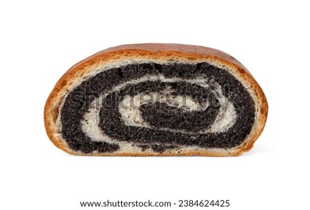 One slice of poppy seed roll isolated on white. Tasty cake