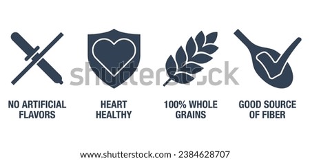 Quick breakfast. 100 whole grains, No artificial flavors, Good source of fiber, Heart healthy - icons set for breakfast cereals, in flat monochrome style Royalty-Free Stock Photo #2384628707