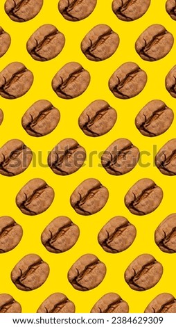 Fresh roasted coffee beans isolated over yellow background. Pattern of coffee. Contemporary art collage. Concept of popular drink, abstract art, creativity, color, taste. Poster, ad