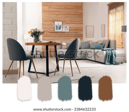 Spacious dining room with furniture. Color palette matching to this interior design Royalty-Free Stock Photo #2384632233