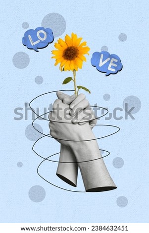 Vertical collage image of two black white effect arms hold handshake sunflower love dialogue bubble isolated on blue background