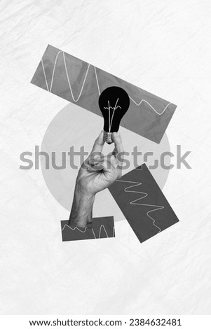 Vertical collage picture of black white colors arm fingers hold light bulb creative idea geometric figures isolated on paper background Royalty-Free Stock Photo #2384632481
