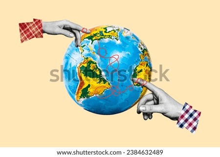 Composite collage image of two black white effect arms index fingers tied connected string planet earth world globe isolated on beige background