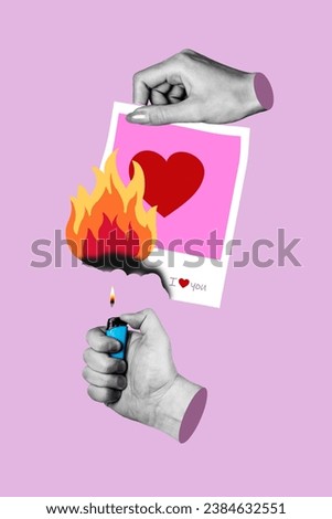 Vertical collage picture of hand holding lighter flame burning love paper postcard break up concept isolated on pink color background Royalty-Free Stock Photo #2384632551