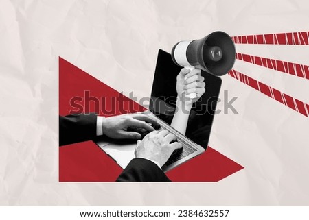 Creative photo collage artwork of hand holding bullhorn megaphone announce social media propaganda in laptop isolated on white background Royalty-Free Stock Photo #2384632557