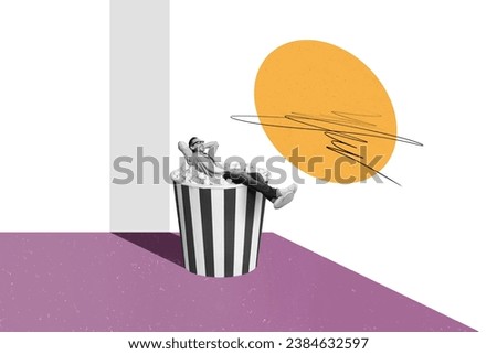 Photo collage relaxed funny man carefree watching cinema lying on big popcorn bucket enjoying free time isolated on white color background Royalty-Free Stock Photo #2384632597