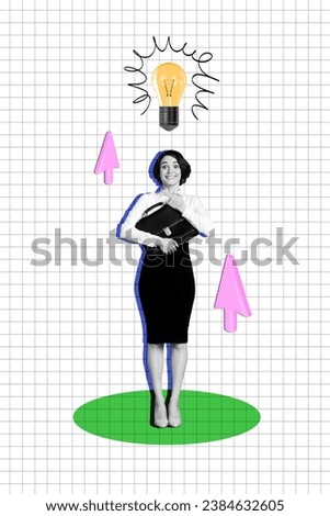 Vertical creative collage picture of business lady embracing leather bag diplomat has idea to get promotion isolated on plaid background