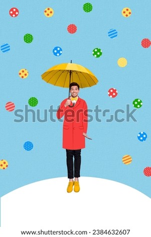 Vertical collage photo greeting picture brochure of positive gentleman walking winter street isolated on painted background