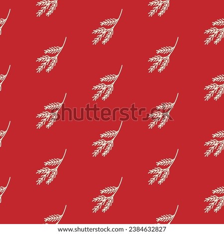 Seamless pattern of doodle fir branches on isolated red background. Holiday design for Christmas home decor, holiday greetings, Christmas and New Year celebration. 