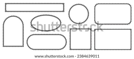 Scallop edge border and frame. Square circle and rectangle shape. Vector lace frill. Simple cute label. Outline decorative collection.