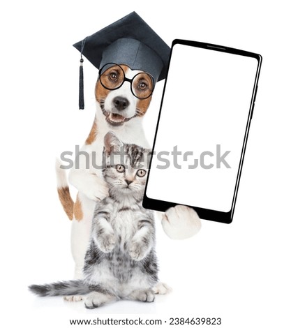 Smart Jack russell terrier puppy wearing graduation hat and eyeglasses hugs tabby kitten and shows big smartphone with white blank screen in it paw. isolated on white background