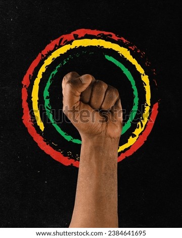 Poster. Contemporary art collage. Modern creative artwork. African-American hand in fist against black background with red-yellow-green circles. Concept of black history month, civil rights, culture. Royalty-Free Stock Photo #2384641695
