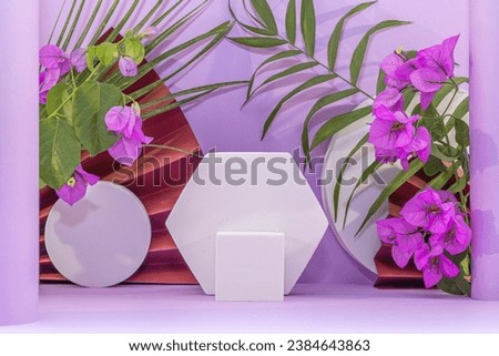 Violet background with display stand for products with 3-D rendering. Empty platform with podium for cosmetics, jewelry, models or other objects.