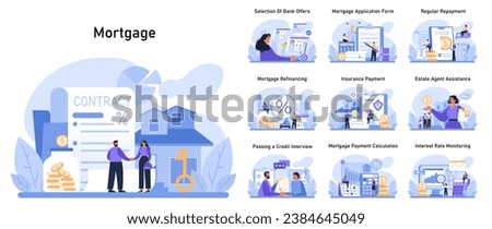 Mortgage journey set. From bank offers, application, refinancing to agent assistance and rate monitoring. Homeownership steps and financial planning. Flat vector illustration. Royalty-Free Stock Photo #2384645049