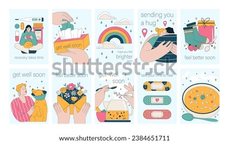Get well soon card set. Positive and motivational poster with greeting quote. Medicine postcard with feel better lettering. Recovery affirmation and wishes. Flat vector Illustration Royalty-Free Stock Photo #2384651711