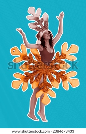 Vertical collage picture of black white effect excited girl snowflake costume enjoy new year magic isolated on blue background